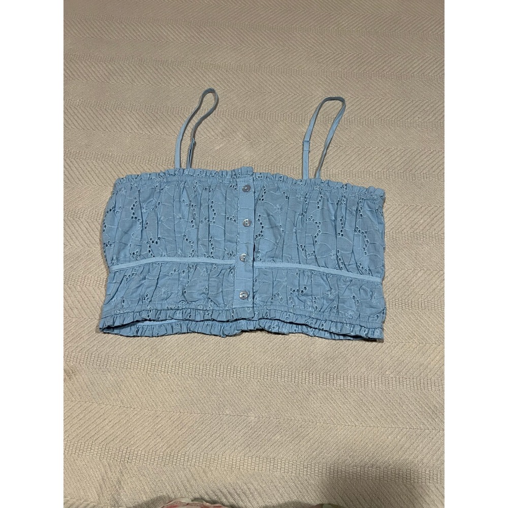 Altar'd State Women's Medium Blue Eyelet Lace Cotton Boho Smocked Crop Top Cami